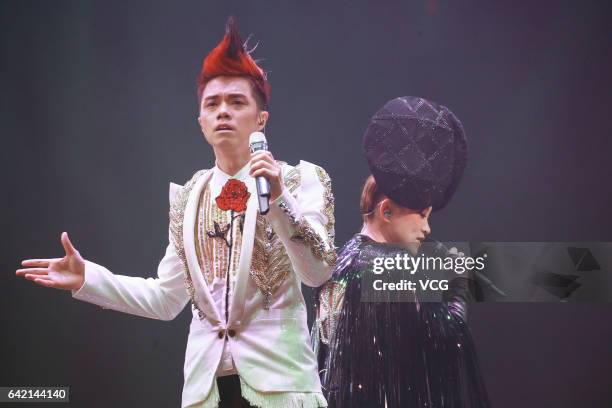 Singer Ivana Wong and singer Hins Cheung perform during "The Magical Teeter Totter" concert at Hong Kong Coliseum on February 16, 2017 in Hong Kong,...