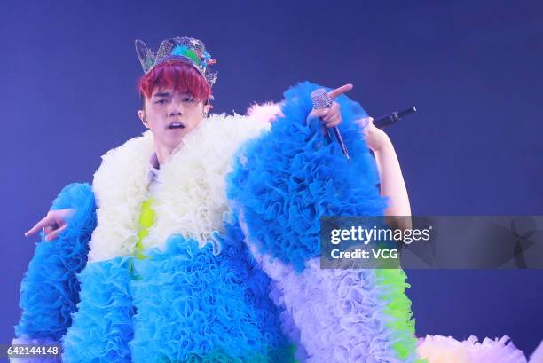 Singer Hins Cheung performs during "The Magical Teeter Totter" concert at Hong Kong Coliseum on February 16, 2017 in Hong Kong, China.