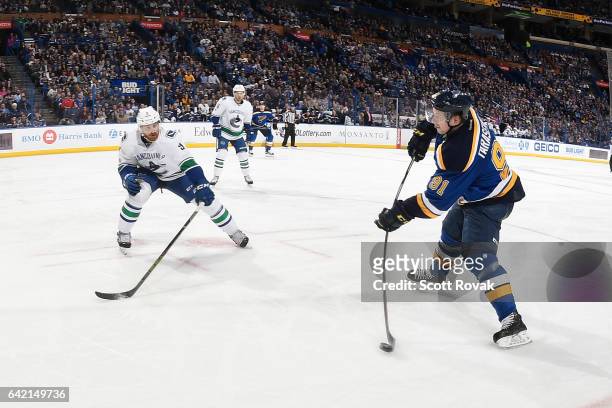 Vladimir Tarasenko of the St. Louis Blues takes a shot on net as Jack Skille of the Vancouver Canucks defends on February 16, 2017 in St. Louis,...