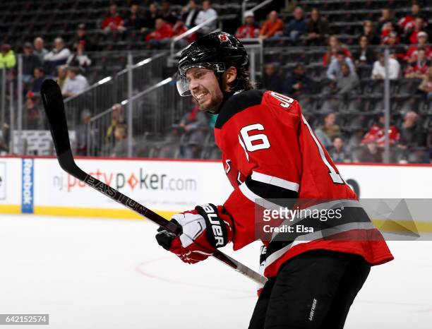 Jacob Josefson of the New Jersey Devils reacts against the Ottawa Senators on February 16, 2017 at Prudential Center in Newark, New Jersey.The Ottawa...