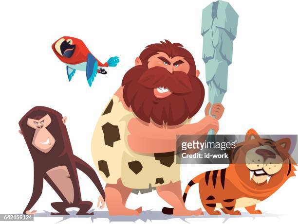 caveman with pets defending - angry monkey stock illustrations