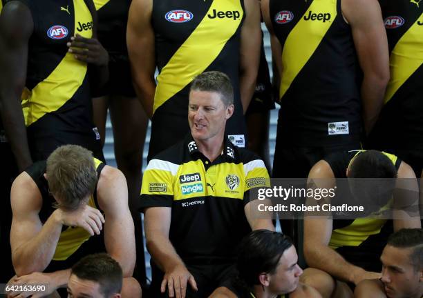 Jack Riewoldt, Tigers head coach Damien Hardwick and Trent Cotchin are seen during the Richmond Tigers AFL Team Photo Day on February 17, 2017 at...