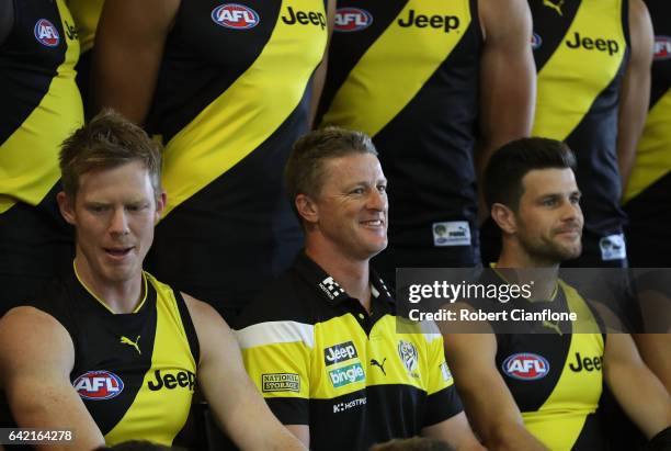 Jack Riewoldt, Tigers head coach Damien Hardwick and Trent Cotchin are seen during the Richmond Tigers AFL Team Photo Day on February 17, 2017 at...