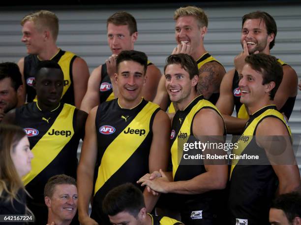 Ivan Soldo, Shaun Hampson and Ivan Maric of the Tigers look on during the Richmond Tigers AFL Team Photo Day on February 17, 2017 at Punt Road Oval...