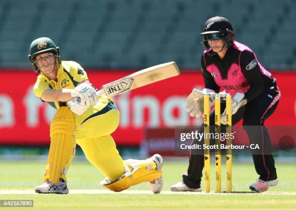 Elyse Villani of Australia bats during the first Women's International Twenty20 match between Australia and New Zealand at the Melbourne Cricket...