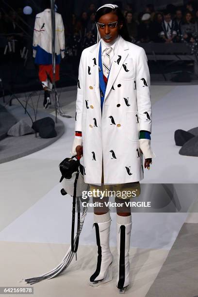 Model walks the runway at the Thom Browne Ready to Wear Fall Winter 2017-2018 fashion show during New York Fashion Week on February 15, 2017 in New...