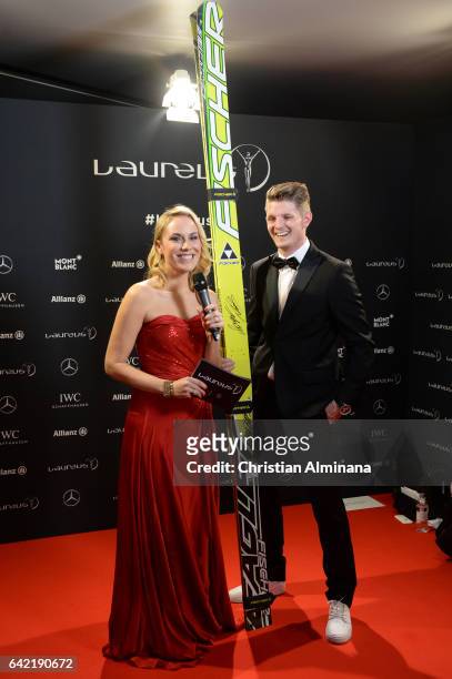 Laureus Ambassadors Kathi Woerndl and Thomas Morgenstern speak on the red carpet during the 2017 Laureus World Sports Awards at the Salle des...