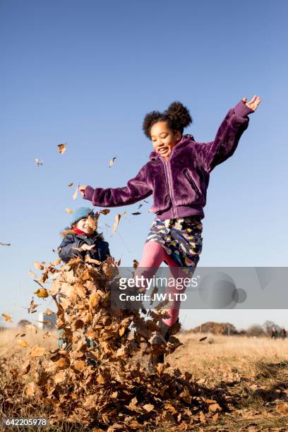 10-11years, playing in the park, kicking autumn leaves - child kicking stock pictures, royalty-free photos & images