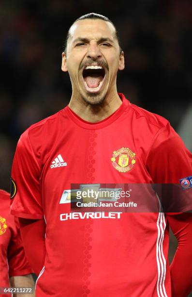 Zlatan Ibrahimovic of Manchester United makes faces before the UEFA Europa League Round of 32 first leg match between Manchester United and AS...