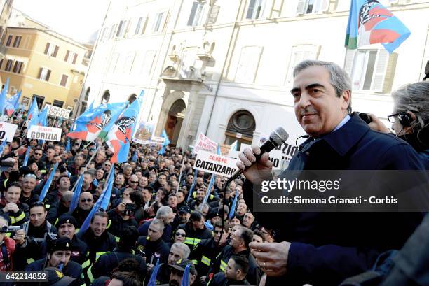 Maurizio Gasparri speaks during the protest of firefighters in uniform came from all over Italy and demonstrate in front of Parliament to demand a...