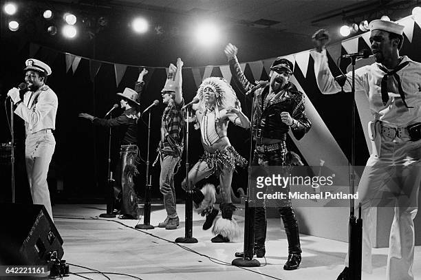 American disco group Village People performing in Florida, March 1979. Left to right: Victor Willis, Randy Jones, David Hodo, Felipe Rose, Glenn...