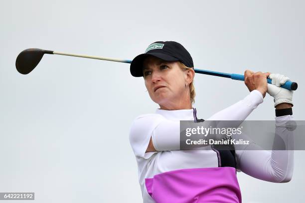 Karrie Webb of Australia drives during round two of the ISPS Handa Women's Australian Open at Royal Adelaide Golf Club on February 17, 2017 in...
