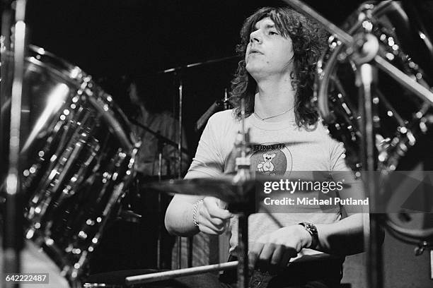 Drummer Stuart Tosh performing with Britidh rock group 10cc, USA, November 1978.