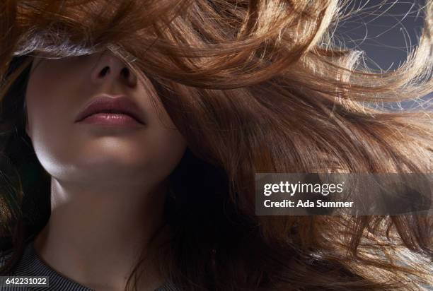 portrait of windblown brunette - cabello humano fotografías e imágenes de stock