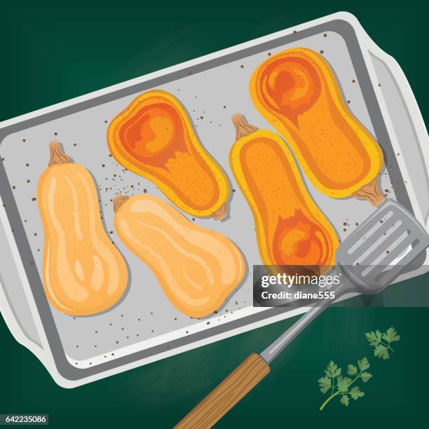 cooking flat lay of butternut squash - baking sheet stock illustrations