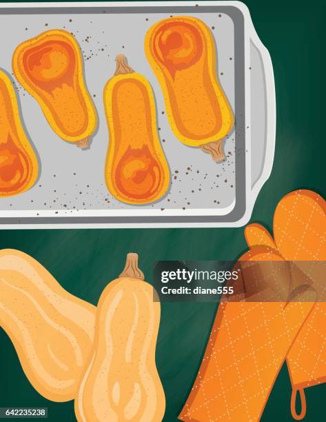 cooking flat lay of butternut squash - baking sheet stock illustrations
