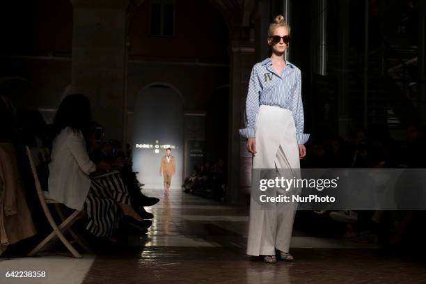 Model walks the runway at the Roberto Verino show during the Mercedes-Benz Madrid Fashion Week Autumn/Winter 2017/2018 at Correos Palace on February...