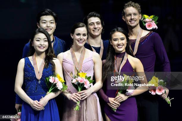 Silver medalists Maia Shibutani and Alex Shibutani of United States and Gold medalists Tessa Virtue and Scott Moir of Canada and Bronz medlists...