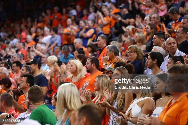 Taipans fans cheer during the NBL Semi Final Game 1 match between Cairns Taipans and Perth Wildcats at Cairns Convention Centre on February 17, 2017...