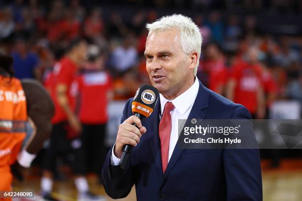 Commentator Shane Heal during the NBL Semi Final Game 1 match between Cairns Taipans and Perth Wildcats at Cairns Convention Centre on February 17,...