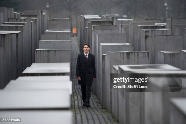 Canadian Prime Minister Justin Trudeau walks through the Memorial to the Murdered Jews of Europe, also called the Holocaust Memorial on February 17,...