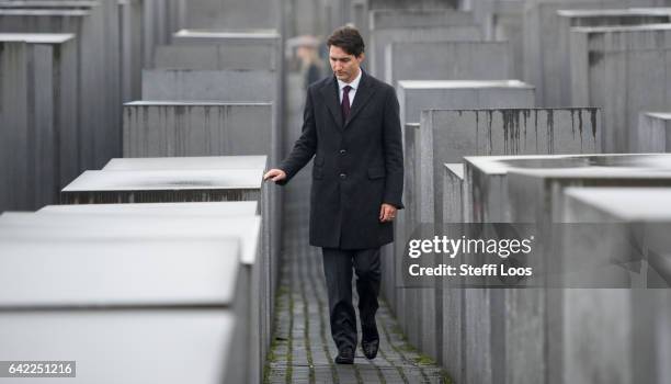 Canadian Prime Minister Justin Trudeau walks through the Memorial to the Murdered Jews of Europe, also called the Holocaust Memorial on February 17,...