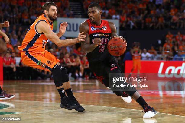 Casey Prather of the Wildcats drives to the basket during the NBL Semi Final Game 1 match between Cairns Taipans and Perth Wildcats at Cairns...