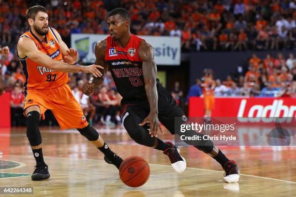 Casey Prather of the Wildcats drives to the basket during the NBL Semi Final Game 1 match between Cairns Taipans and Perth Wildcats at Cairns...