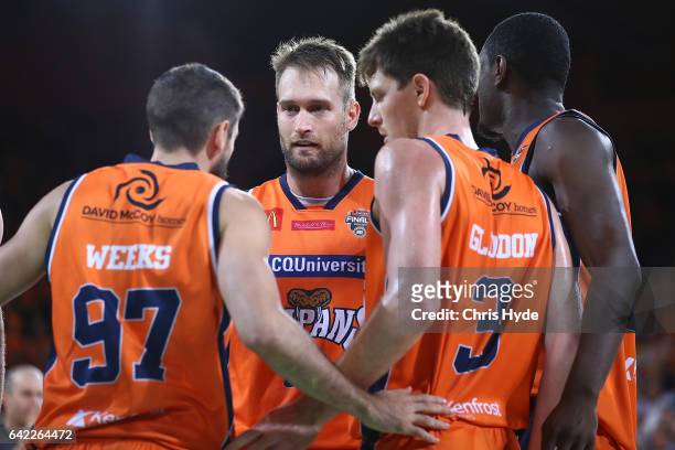 Taipans huddle during the NBL Semi Final Game 1 match between Cairns Taipans and Perth Wildcats at Cairns Convention Centre on February 17, 2017 in...