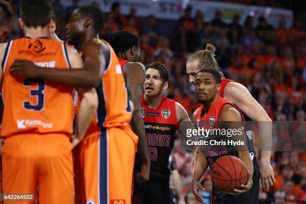 Taipans and Wildcats talk during the NBL Semi Final Game 1 match between Cairns Taipans and Perth Wildcats at Cairns Convention Centre on February...