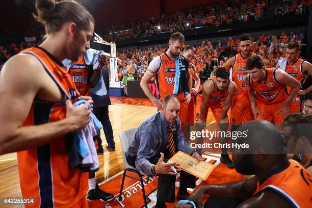 Taipans coach Aaron Fearne talks to players during the NBL Semi Final Game 1 match between Cairns Taipans and Perth Wildcats at Cairns Convention...