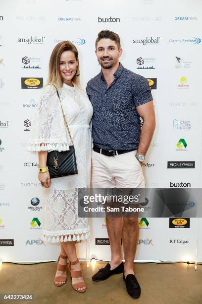 Sarita Stella and Brodie Holland arrives at the Fashion Aid marquee at the Kennedy Twilight Beach Polo on February 17, 2017 in Melbourne, Australia.
