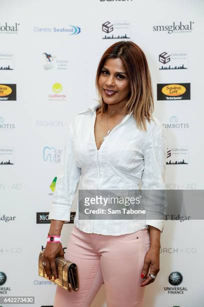 Pettifleur Berringer arrives at the Fashion Aid marquee at the Kennedy Twilight Beach Polo on February 17, 2017 in Melbourne, Australia.
