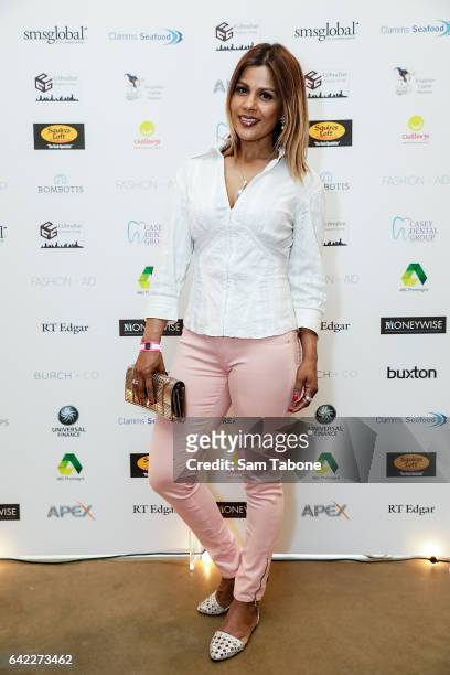 Pettifleur Berringer arrives at the Fashion Aid marquee at the Kennedy Twilight Beach Polo on February 17, 2017 in Melbourne, Australia.