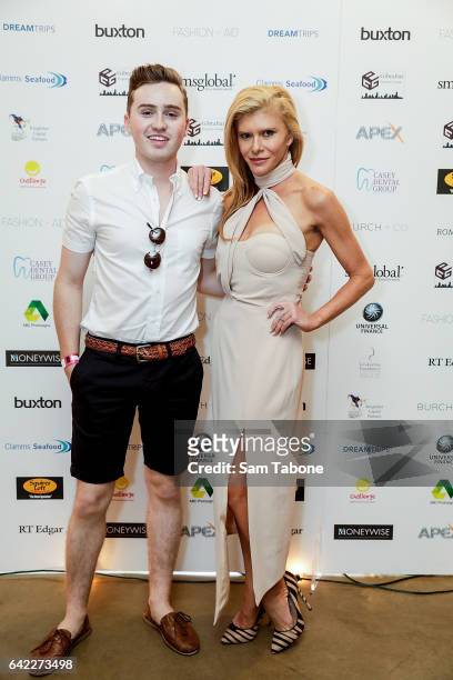 Harrison Craig and Gamble Breaux arrives at the Fashion Aid marquee at the Kennedy Twilight Beach Polo on February 17, 2017 in Melbourne, Australia.