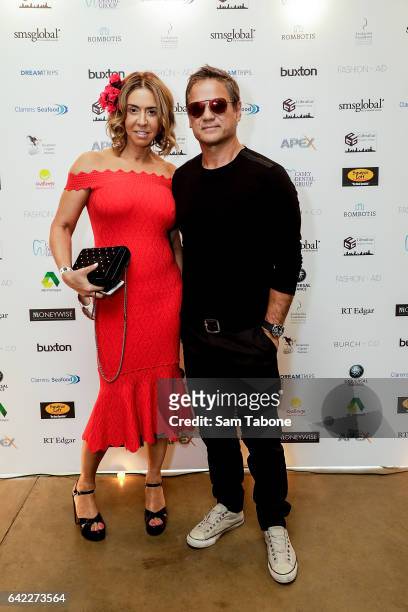 Heloise Waislitz and Jon Stevens arrives at the Fashion Aid marquee at the Kennedy Twilight Beach Polo on February 17, 2017 in Melbourne, Australia.