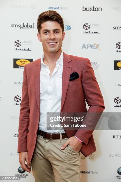 Josh Piterman arrives at the Fashion Aid marquee at the Kennedy Twilight Beach Polo on February 17, 2017 in Melbourne, Australia.