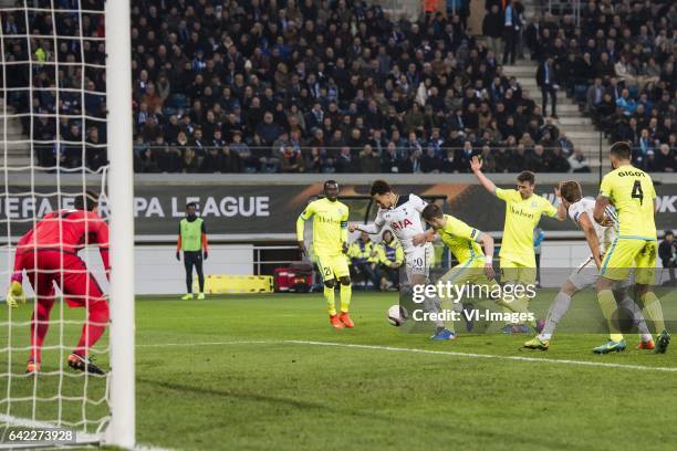 Goalkeeper Lovre Kalinic of KAA Gent, ,Nana Asare of KAA Gent, Dele Alli of Tottenham Hotspur FC, Stefan Mitrovic of KAA Gent, Brecht Dejaegere of...