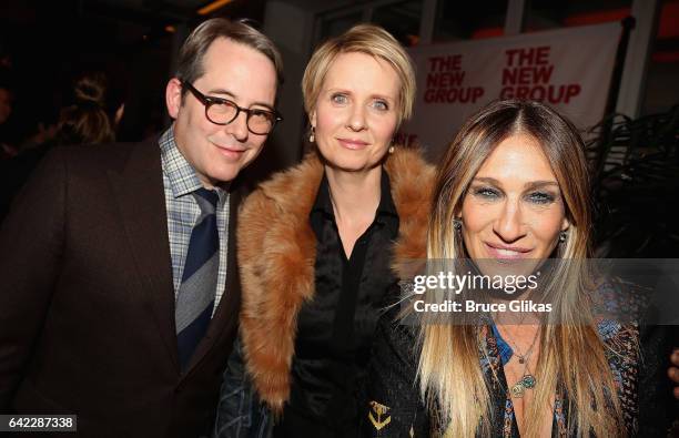 Matthew Broderick, Cynthia Nixon and Sarah Jessica Parker pose at the Opening Night Party for The New Group production of "Evening at The Talk House"...