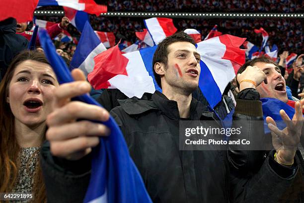 french fans enjoy the atmosphere - french football stock-fotos und bilder