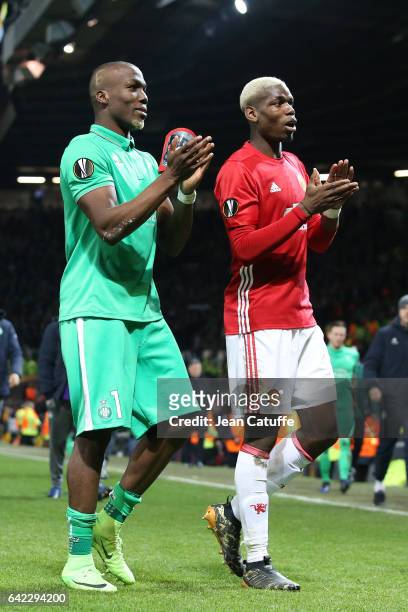 Florentin Pogba of Saint-Etienne and his brother Paul Pogba of Manchester United get together following the UEFA Europa League Round of 32 first leg...
