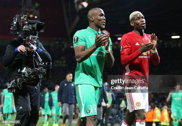 Florentin Pogba of Saint-Etienne and his brother Paul Pogba of Manchester United get together following the UEFA Europa League Round of 32 first leg...