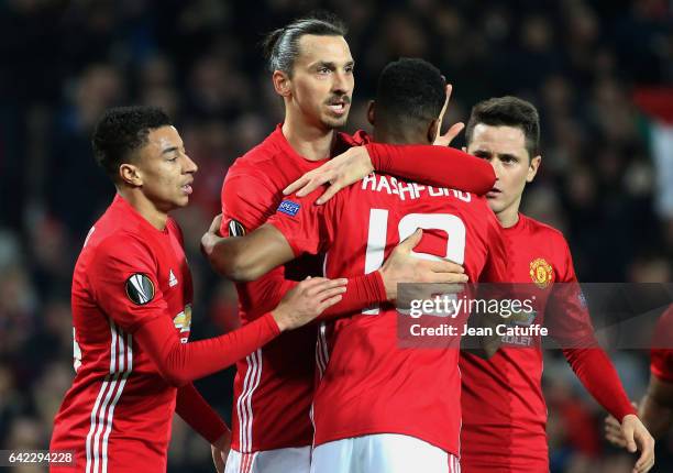 Zlatan Ibrahimovic of Manchester United celebrates his third goal with Jesse Lingard and Marcus Rashford of Manchester United during the UEFA Europa...