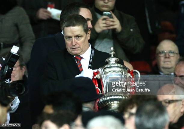 The FA Cup in the stands during the UEFA Europa League Round of 32 first leg match between Manchester United and AS Saint-Etienne at Old Trafford...