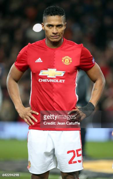 Antonio Valencia of Manchester United looks on before the UEFA Europa League Round of 32 first leg match between Manchester United and AS...
