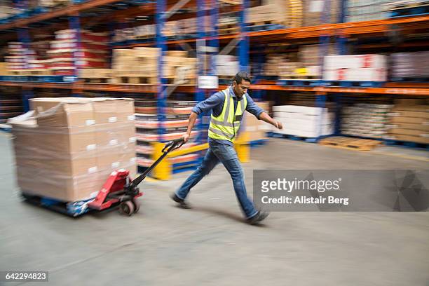worker inside a food distribution warehouse - pallet industrial equipment fotografías e imágenes de stock
