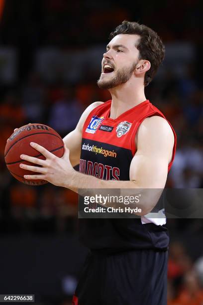 Angus Brandt of the Wildcats looks to pass during the NBL Semi Final Game 1 match between Cairns Taipans and Perth Wildcats at Cairns Convention...