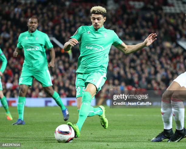 Kevin Malcuit of Saint-Etienne in action during the UEFA Europa League Round of 32 first leg match between Manchester United and AS Saint-Etienne at...