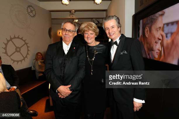 Dieter Kosslick, Monika Gruetters and CEO of Glashuette Original Thomas Meier are seen in the Golden Bear Lounge by Glashuette Original on February...