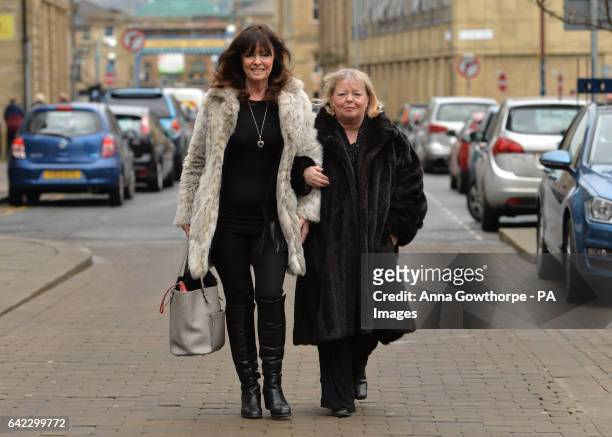 Actresses Vicki Michelle and Sue Hodge arrive for the funeral of 'Allo 'Allo star Gordon Kaye at Huddersfield Parish Church.